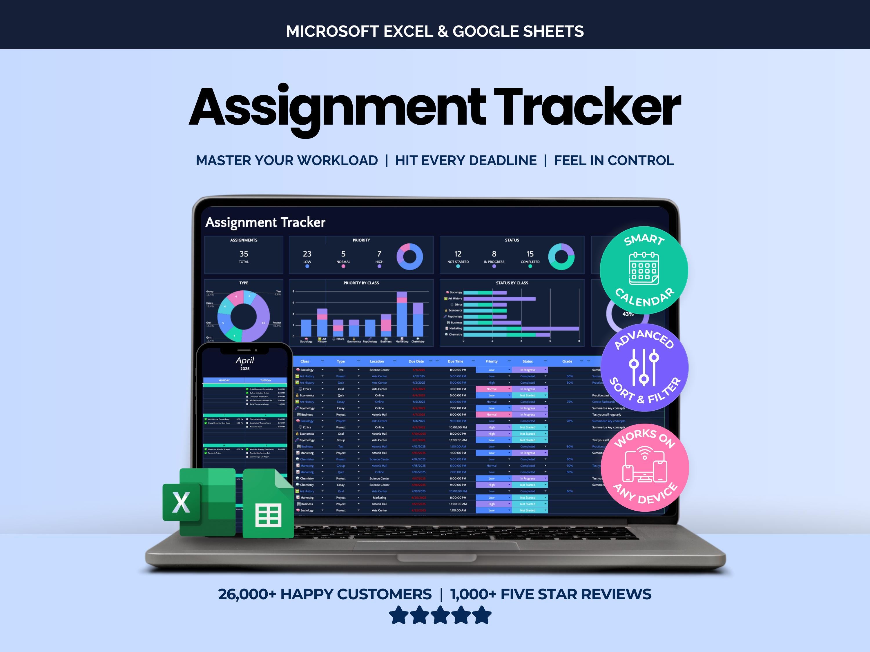 Assignment Tracker Spreadsheet 2026 Google Sheets Digital Student ...
