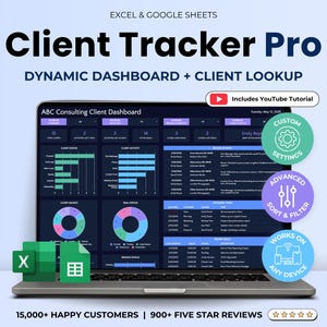 Clienttracker-spreadsheet Excel CRM Google Spreadsheets-sjabloon Client Manager-sjabloon CRM-verkoopdashboard voor kleine bedrijven Factuurleadtracker