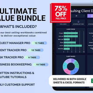 Puede incluir: Paquete de cuadernos digitales con una promoci&oacute;n del 75% de descuento. Incluye cuadernos de gesti&oacute;n de proyectos, seguimiento de clientes, seguimiento de tareas y contabilidad empresarial. Instrucciones escritas, tutoriales de YouTube y atenci&oacute;n al cliente diaria.