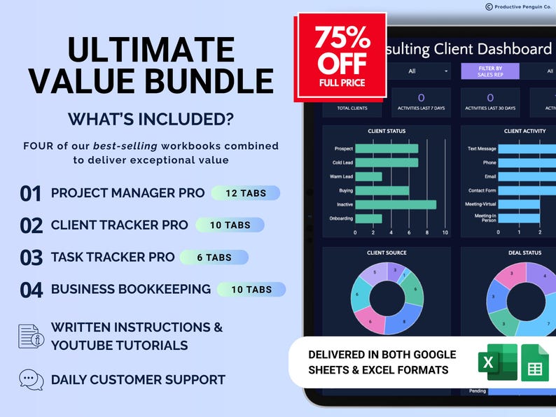 Puede incluir: Paquete de cuadernos digitales con una promoci&oacute;n del 75% de descuento. Incluye cuadernos de gesti&oacute;n de proyectos, seguimiento de clientes, seguimiento de tareas y contabilidad empresarial. Instrucciones escritas, tutoriales de YouTube y atenci&oacute;n al cliente diaria.