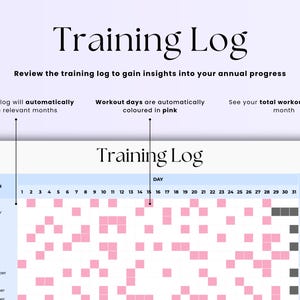 May include: A Training Log printable with a light blue and white grid. The title "Training Log" is at the top. Pink squares mark workout days. The log includes months, days, and a total workout count.