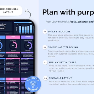 May include: A digital weekly planner app with an ADHD-friendly layout. The app features a dark theme with pink and blue accents, displaying daily progress and task lists. Text includes "Plan with purpose" and "Suitable for beginners."