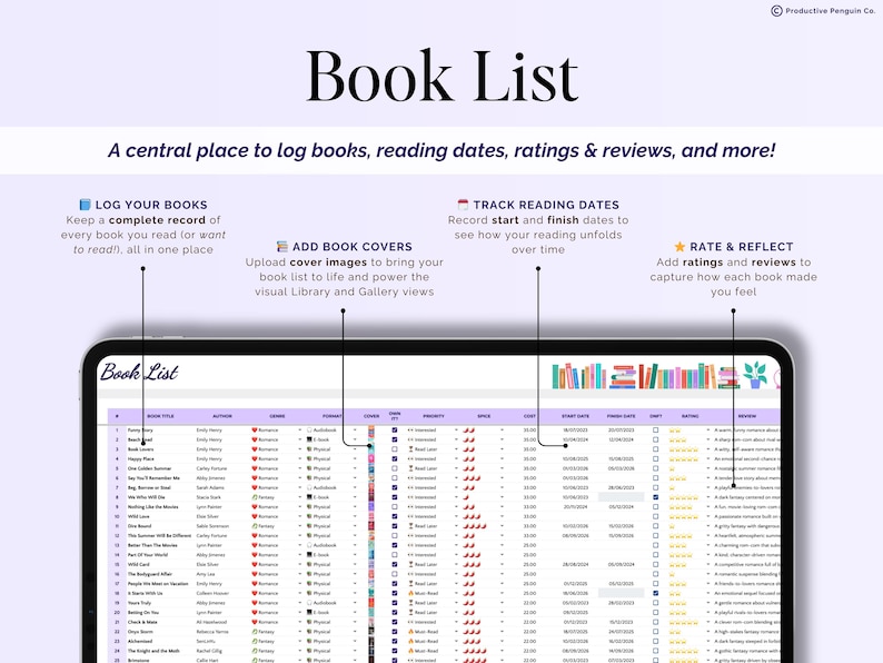 Book Tracker, pianificatore di elenchi di lettura, diario TBR di libri digitali, diario di revisione di Google Sheets, biblioteca Excel 2026, sfida di lettura, regalo per amanti dei libri immagine 5