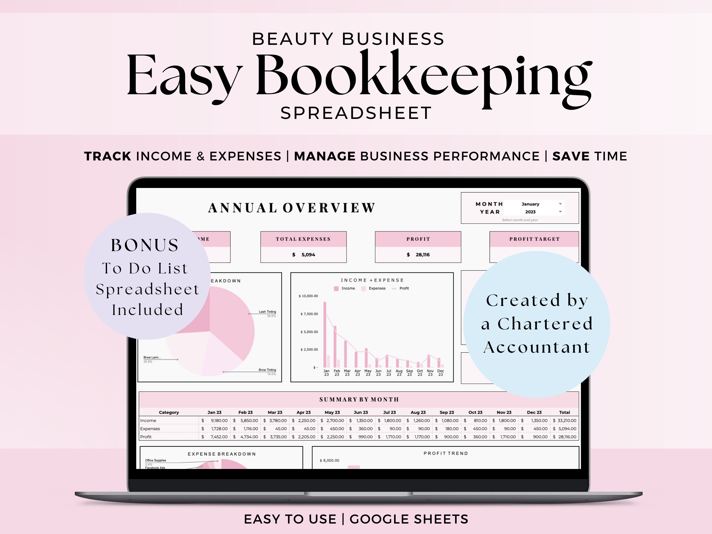 Easy Bookkeeping Spreadsheet Template for Beauty Business, Google Sheets Expense Tracker