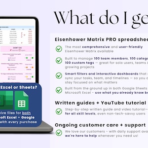 May include: A laptop displays a digital spreadsheet with task management categories. The screen shows a color-coded Eisenhower Matrix. Text on the screen reads "DELEGATE" and "DON'T DO". A blue box says "Prefer Excel or Sheets?" with the logos of Excel and Google Sheets.