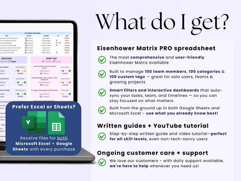 May include: A laptop displays a digital spreadsheet with task management categories. The screen shows a color-coded Eisenhower Matrix. Text on the screen reads "DELEGATE" and "DON'T DO". A blue box says "Prefer Excel or Sheets?" with the logos of Excel and Google Sheets.