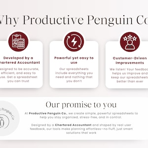 以下が含まれることがあります： Why Productive Penguin Co?というタイトルのインフォグラフィック。会計、パワー、顧客フィードバックを表す白いシンボルが入った3つのマルーン色の円形アイコンが並び、下部には企業理念を記したテキストボックスとペンギンの円形ロゴが配置されています。