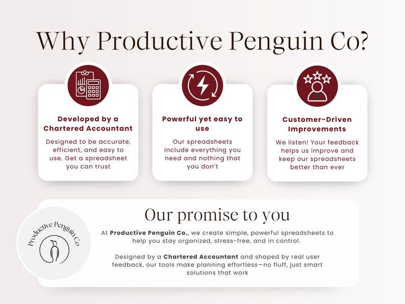 以下が含まれることがあります： Why Productive Penguin Co?というタイトルのインフォグラフィック。会計、パワー、顧客フィードバックを表す白いシンボルが入った3つのマルーン色の円形アイコンが並び、下部には企業理念を記したテキストボックスとペンギンの円形ロゴが配置されています。