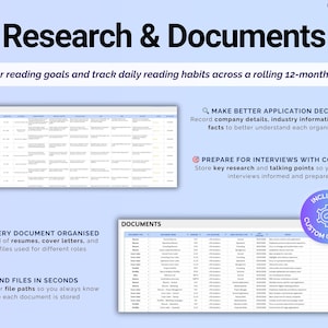 May include: A light blue graphic with the text "Research & Documents" and a description of how to organize documents and research. The image includes a spreadsheet with the text "Company Research" and another with the text "Documents". The image also includes the text "Includes Custom Columns".