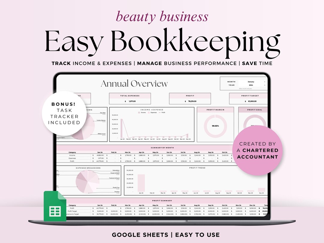 Easy Bookkeeping Spreadsheet Template for Beauty Business, Google ...