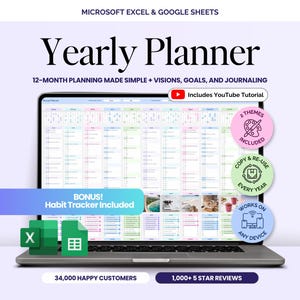May include: A laptop screen shows a yearly planner with the text "Yearly Planner" and "12-Month Planning Made Simple". Includes a habit tracker, YouTube tutorial, and two themes. The planner works on any device and is copy and re-useable.