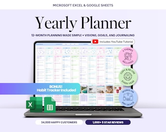 Yearly Planner Undated Annual Calendar Monthly Event Tracker 2026 Google Sheets Year at a Glance Spreadsheet Excel 12 Month Digital Planner