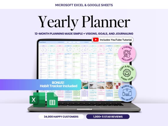 Yearly Planner Undated Annual Calendar Monthly Event Tracker 2026 Google Sheets Year at a Glance Spreadsheet Excel 12 Month Digital Planner