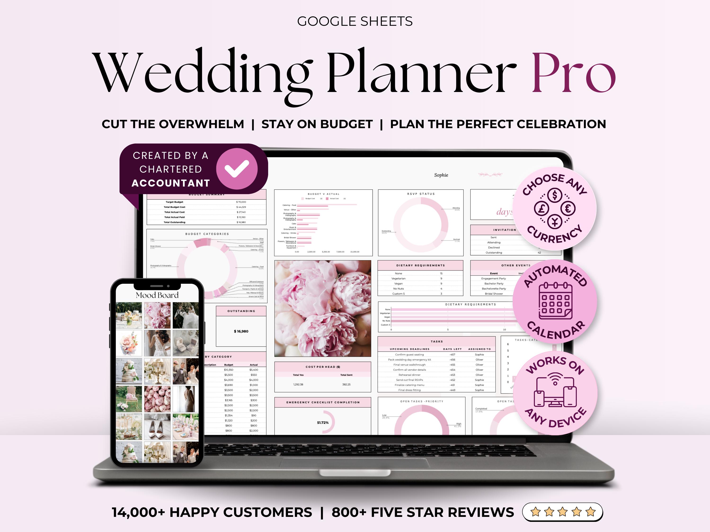 Hochzeitsplaner Tabelle, Hochzeitsbudget Ausgaben Google Sheets, Digitale Hochzeitsplaner-Vorlage Antwort-Tracker, Sitzplan für die Gästeliste