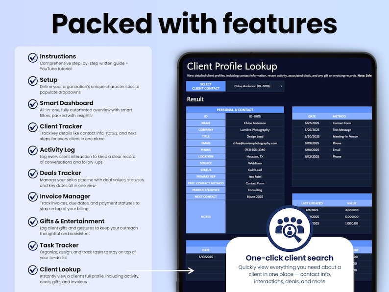 Pu&ograve; includere: Un'interfaccia digitale intitolata Client Profile Lookup con un tema blu scuro e accenti blu chiaro. Lo schermo mostra dettagli di contatto, registri delle attivit&agrave; e dati finanziari. L'elenco delle funzionalit&agrave; include Instructions, Setup, Smart Dashboard, Client Tracker, Activity Log, Deals Tracker, Invoice Manager, Gifts & Entertainment, Task Tracker e Client Lookup.