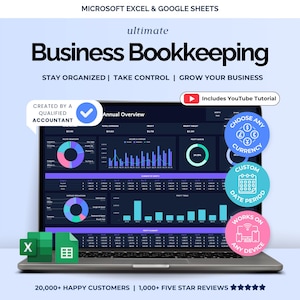 Könnte beinhalten: Ein Laptop mit einem Dashboard für die Unternehmensbuchhaltung mit Diagrammen und Grafiken. Der Bildschirm zeigt den Text "Business Bookkeeping" und "Stay Organized | Take Control | Grow Your Business". Enthält ein YouTube-Tutorial und funktioniert auf jedem Gerät.