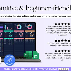 Peut inclure: Un &eacute;cran d'ordinateur portable affichant une feuille de calcul avec des graphiques et des diagrammes. La feuille de calcul est intitul&eacute;e "Customer Support". L'ordinateur portable est sur un fond blanc avec du texte qui dit "Intuitive & beginner-friendly" et "Tutoriel vid&eacute;o, guide &eacute;tape par &eacute;tape, support continu - tout ce dont vous avez besoin pour r&eacute;ussir". Il y a des commentaires cinq &eacute;toiles sous l'ordinateur portable.