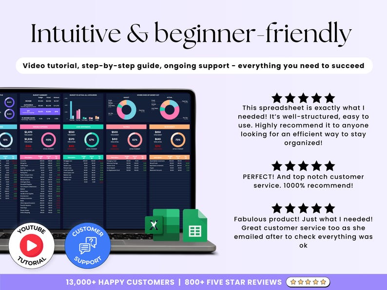 Peut inclure: Un &eacute;cran d'ordinateur portable affichant une feuille de calcul avec des graphiques et des diagrammes. La feuille de calcul est intitul&eacute;e "Customer Support". L'ordinateur portable est sur un fond blanc avec du texte qui dit "Intuitive & beginner-friendly" et "Tutoriel vid&eacute;o, guide &eacute;tape par &eacute;tape, support continu - tout ce dont vous avez besoin pour r&eacute;ussir". Il y a des commentaires cinq &eacute;toiles sous l'ordinateur portable.