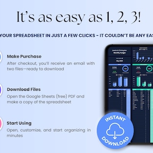 May include: Infographic with the text "It's as easy as 1, 2, 3!" and instructions for downloading a spreadsheet. The steps are numbered and include making a purchase, downloading files, and starting to use the spreadsheet. A tablet displays a spreadsheet.