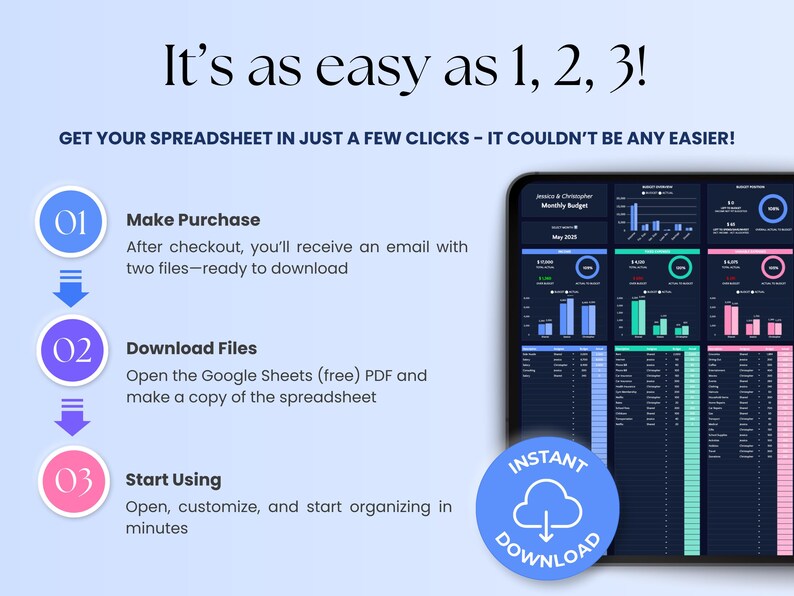 May include: Infographic with the text "It's as easy as 1, 2, 3!" and instructions for downloading a spreadsheet. The steps are numbered and include making a purchase, downloading files, and starting to use the spreadsheet. A tablet displays a spreadsheet.