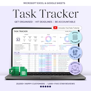 Task Tracker Spreadsheet Template, Task Management Google Sheets, To-Do List Productivity Organizer, Time Planner, Daily Weekly Monthly Plan