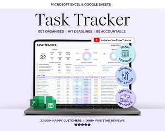 Plantilla de hoja de cálculo de seguimiento de tareas, Hojas de cálculo de Google para la gestión de tareas, Organizador de productividad con listas de tareas pendientes, Planificador de tiempo, Planificador diario, semanal y mensual