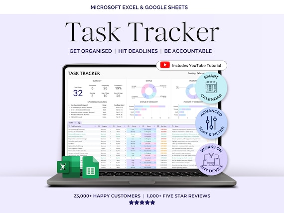 Task Tracker Spreadsheet Template, Task Management Google Sheets, To-Do List Productivity Organizer, Time Planner, Daily Weekly Monthly Plan