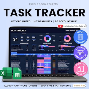Modello di foglio di calcolo per il monitoraggio delle attività, Fogli Google per la gestione delle attività, Organizzatore di produttività per elenchi di cose da fare, Pianificatore del tempo, Piano giornaliero, settimanale e mensile