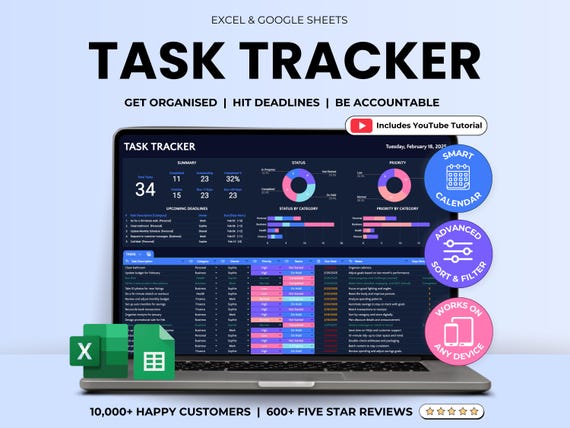 Task Tracker Spreadsheet Template, Task Management Google Sheets, To-Do List Productivity Organizer, Time Planner, Daily Weekly Monthly Plan