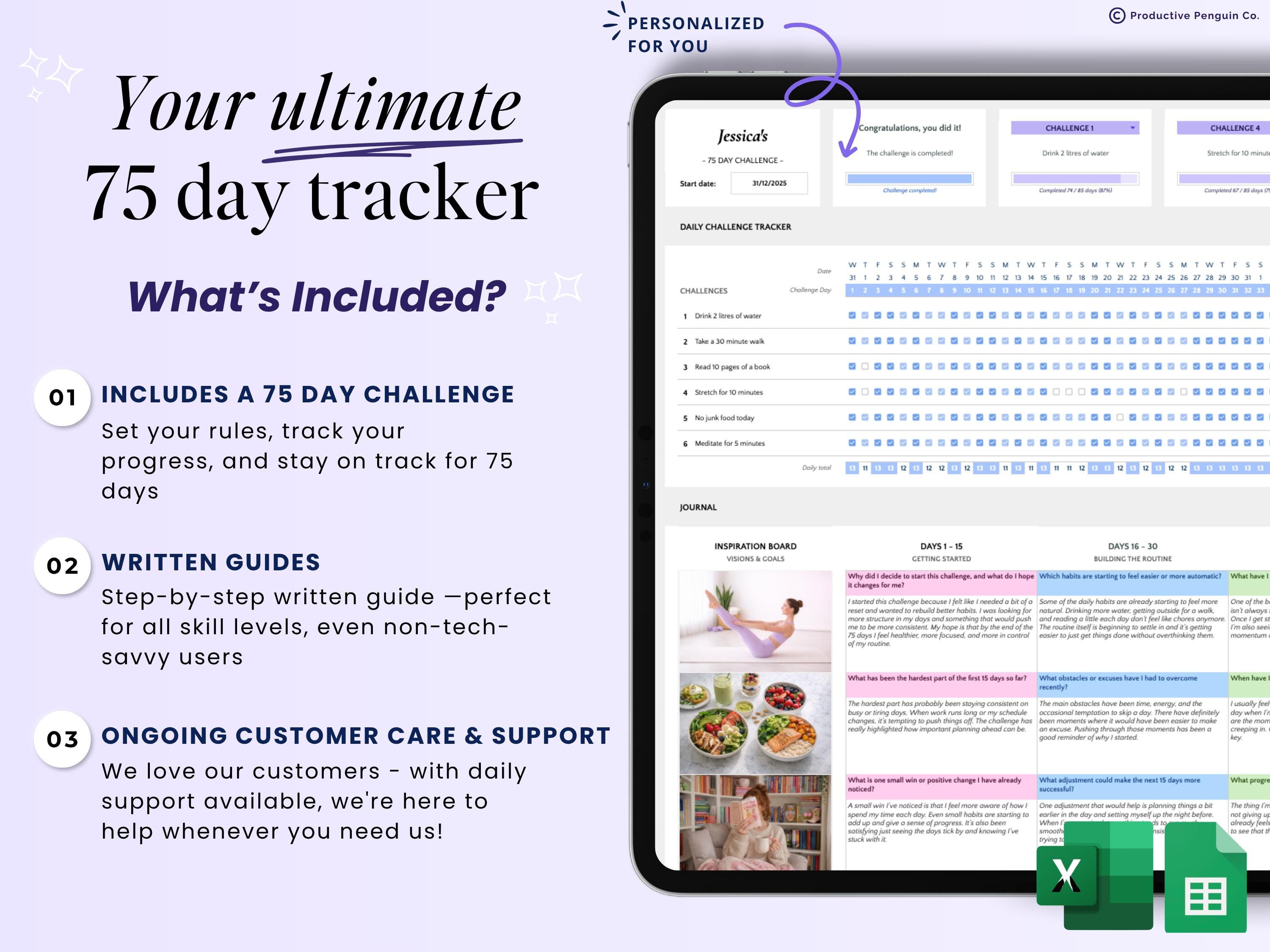 75 Day Challenge 75 Soft Challenge Spreadsheet Tracker Custom 75 Day ...