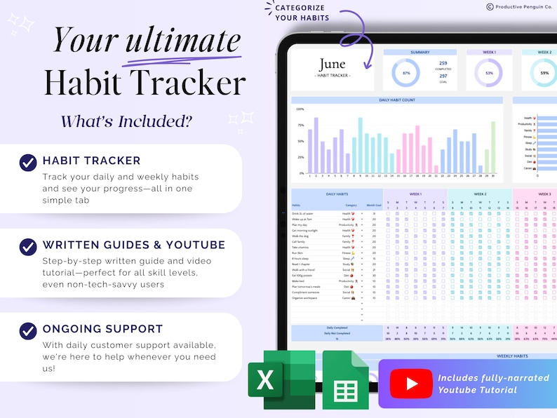 Habit Tracker Daily Weekly Monthly Spreadsheet 2026 Habit Tracking Template Goal Tracker Google Sheets ADHD Printable Habit Planner Excel image 2