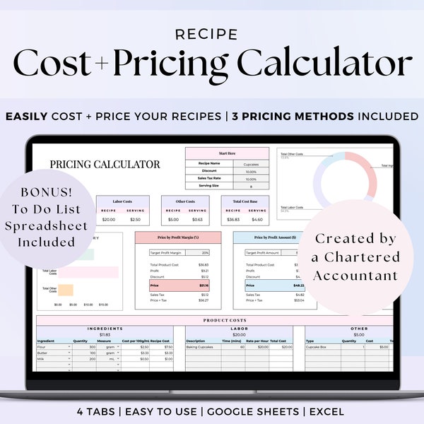 Easy Recipe Cost and Pricing Calculator, Food Business Costing Template, Bakery Pricing Tool Google Sheets, Ingredients Tracker Spreadsheet