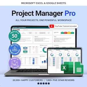 May include: A laptop and tablet showing a project management dashboard. The text "Project Manager Pro" is displayed above the screens. The image includes the text "Track up to 50 projects", "Built by a project manager", and "Works on any device".