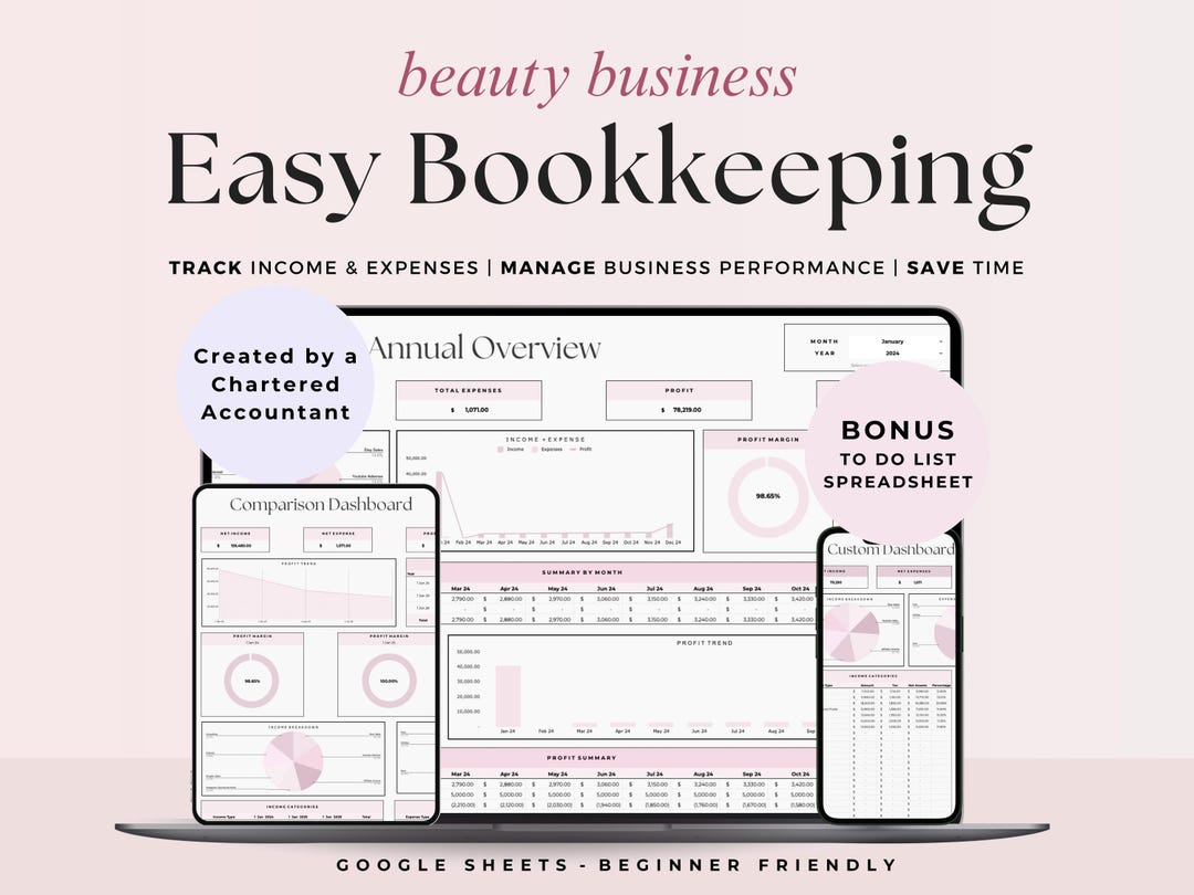 Easy Bookkeeping Spreadsheet Template for Beauty Business, Google ...