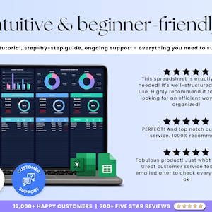 May include: A screenshot of a computer screen showing a spreadsheet with charts and graphs. The spreadsheet is labeled "Budget Summary" and includes data on income, expenses, and net income. The text "Intuitive & beginner-friendly" is displayed at the top of the image. The text "Video tutorial, step-by-step guide, ongoing support - everything you need to succeed" is displayed below the title. The text "12,000+ HAPPY CUSTOMERS | 700+ FIVE STAR REVIEWS" is displayed at the bottom of the image. The image also includes customer reviews with five-star ratings.