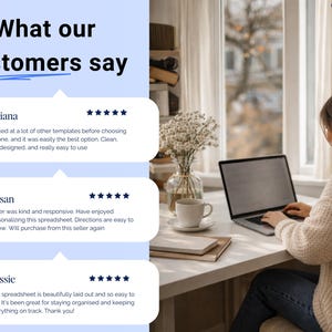 May include: Image featuring customer testimonials with a woman working on a laptop. The text reads "What our customers say" followed by three customer reviews. The woman is seated at a white desk with a cup of coffee and a vase of flowers.
