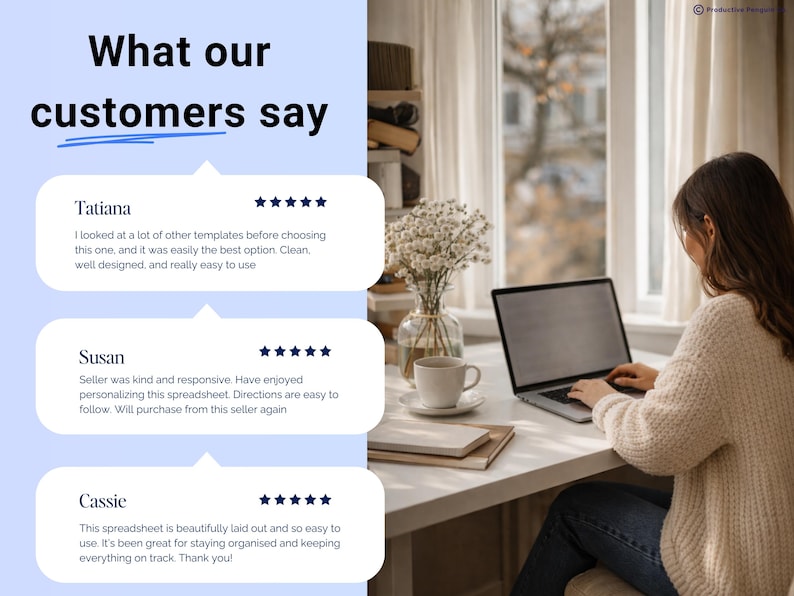 May include: Image featuring customer testimonials with a woman working on a laptop. The text reads "What our customers say" followed by three customer reviews. The woman is seated at a white desk with a cup of coffee and a vase of flowers.