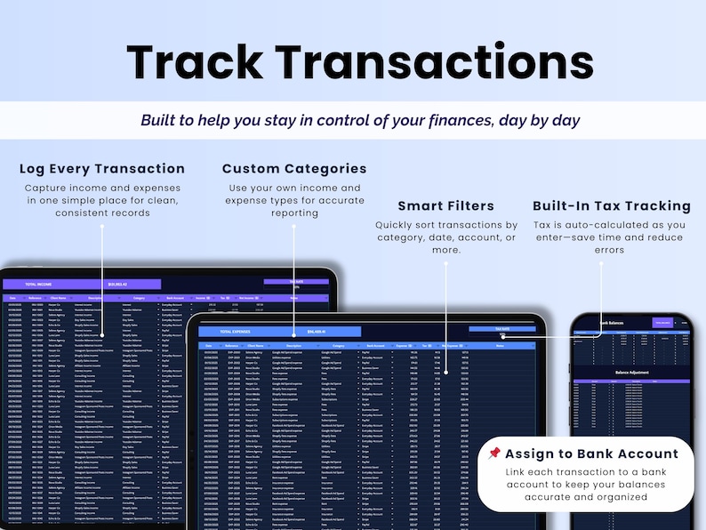 May include: Image showcasing a financial tracking application with the text "Track Transactions." Features include logging transactions, custom categories, smart filters, built-in tax tracking, and bank account linking. The app is displayed on tablets and a phone.