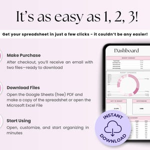 May include: A pink and white digital spreadsheet with the text "Dashboard" at the top. The spreadsheet includes a budget summary, budget categories, and a checklist. The image also includes a three-step guide to using the spreadsheet, with the text "It's as easy as 1, 2, 3!" at the top.