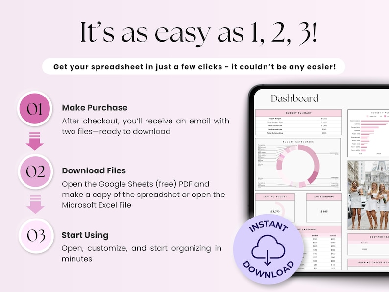 May include: A pink and white digital spreadsheet with the text "Dashboard" at the top. The spreadsheet includes a budget summary, budget categories, and a checklist. The image also includes a three-step guide to using the spreadsheet, with the text "It's as easy as 1, 2, 3!" at the top.