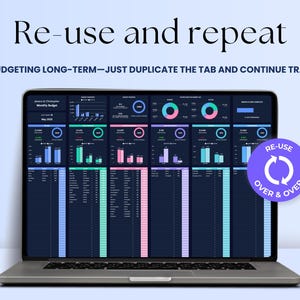 May include: A laptop displaying a budgeting dashboard with charts and graphs. The screen shows data visualizations in various colors. Text at the top reads "Re-use and repeat" and "Keep budgeting long-term - just duplicate the tab and continue tracking."