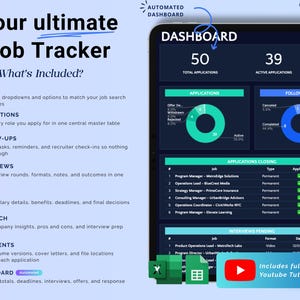 May include: A digital job tracker interface with the title "Your ultimate Job Tracker" and the text "What's Included?" lists features like setup, applications, follow-ups, interviews, offers, research, documents, and a dashboard. The dashboard displays application and interview data.