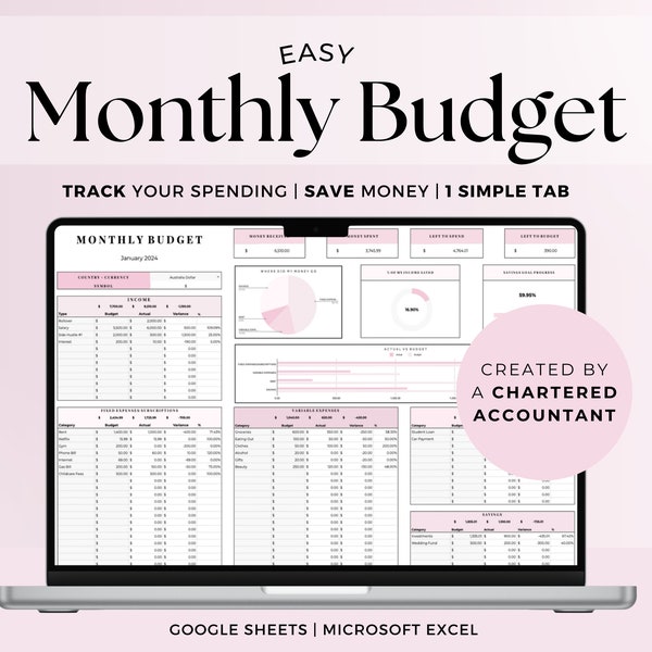 Modèle facile de feuille de calcul de planificateur de budget mensuel 2024, planificateur financier numérique Google Sheets Excel, suivi annuel des chèques de paie, salaire