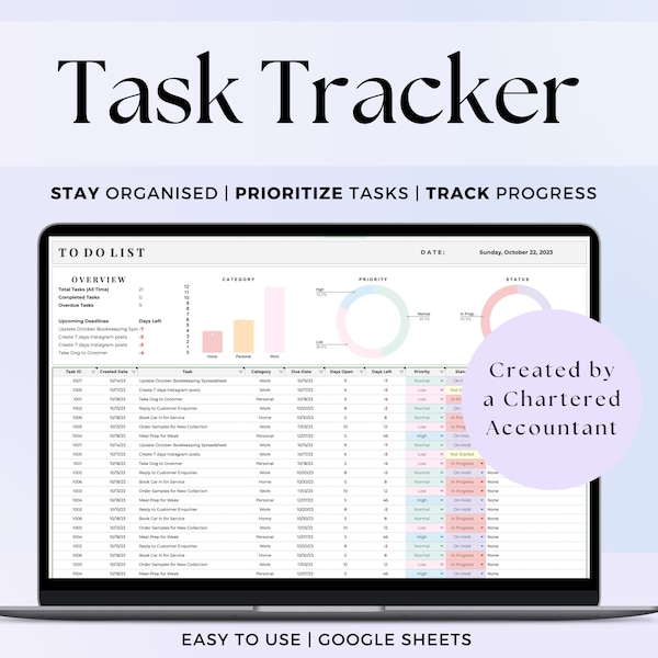 Task Tracker Spreadsheet Template, Task Management Google Sheets, To-Do List Productivity Organizer, Time Planner, Daily Weekly Monthly Plan