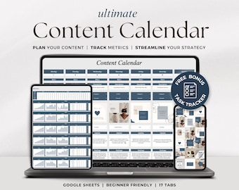 May include: A laptop computer displaying a Google Sheets spreadsheet with a content calendar template. The spreadsheet has tabs for each day of the week and includes sections for content ideas, descriptions, and hashtags. The laptop is on a white surface with a blue and white graphic that says "ultimate Content Calendar".