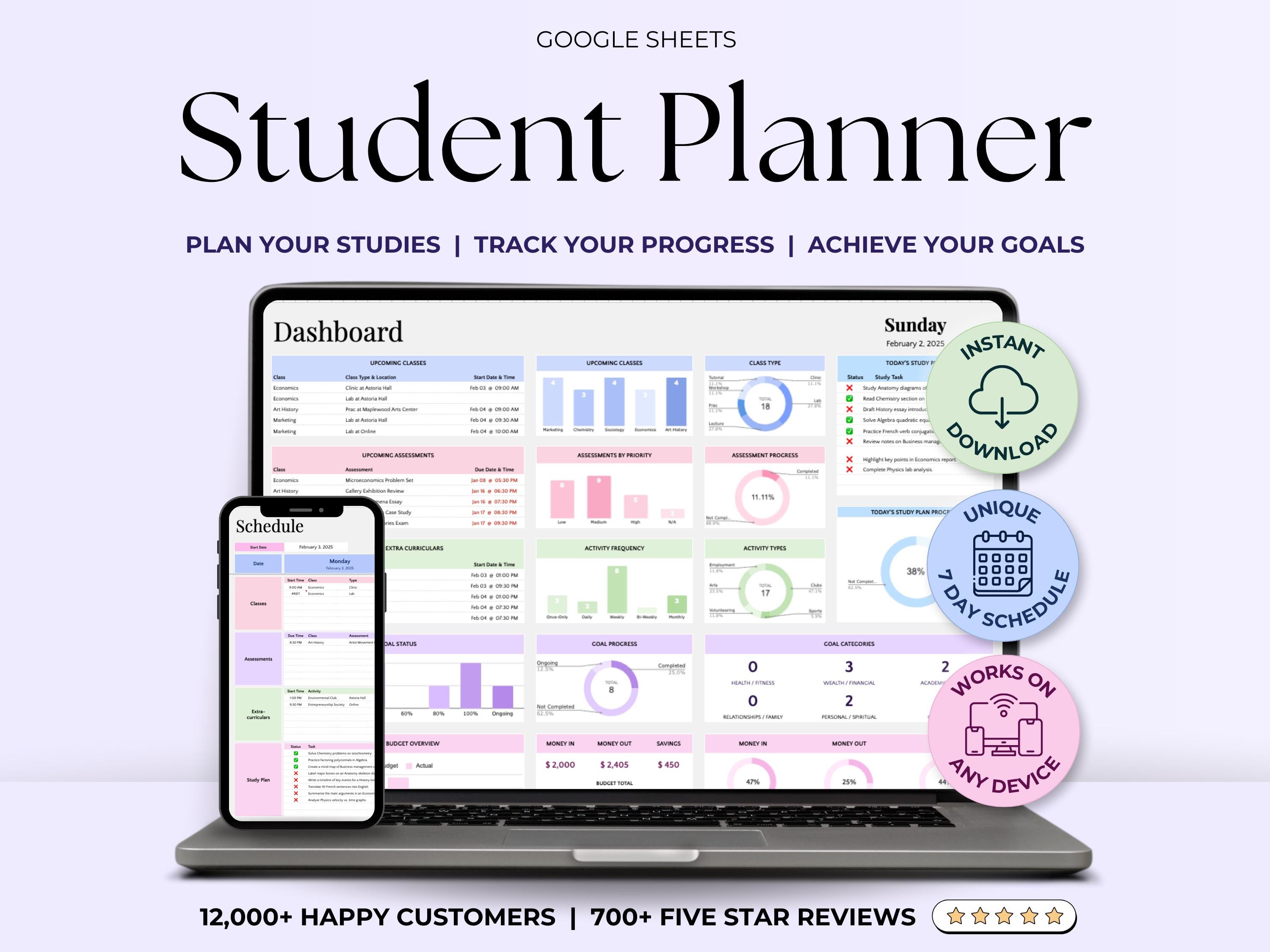 Student Planner Spreadsheet 2025 Academic College Assignment Tracker Google Sheets School Study Tracker University Schedule Planner Digital