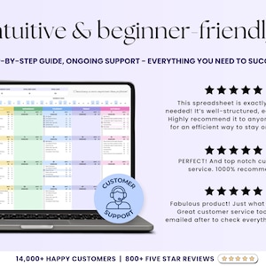 May include: A laptop displaying a colorful spreadsheet with the text "Intuitive & beginner-friendly." The screen shows a calendar layout with various sections. The image includes customer reviews and the phrase "Customer Support."