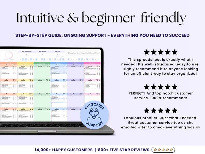 May include: A laptop displaying a colorful spreadsheet with the text "Intuitive & beginner-friendly." The screen shows a calendar layout with various sections. The image includes customer reviews and the phrase "Customer Support."