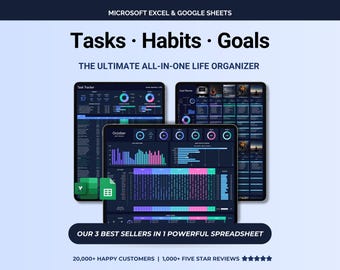 Task, Goal & Habit Tracker Spreadsheet | Productivity Planner, To Do List, Daily Organizer | Google Sheets and Excel Template