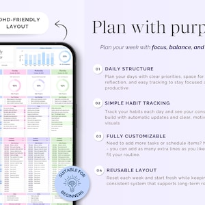 May include: A digital weekly planner displayed on a smartphone screen. The planner features a colorful layout with sections for daily tasks, habit tracking, and a customizable design. Text includes "ADHD-FRIENDLY LAYOUT" and "Plan with purpose".